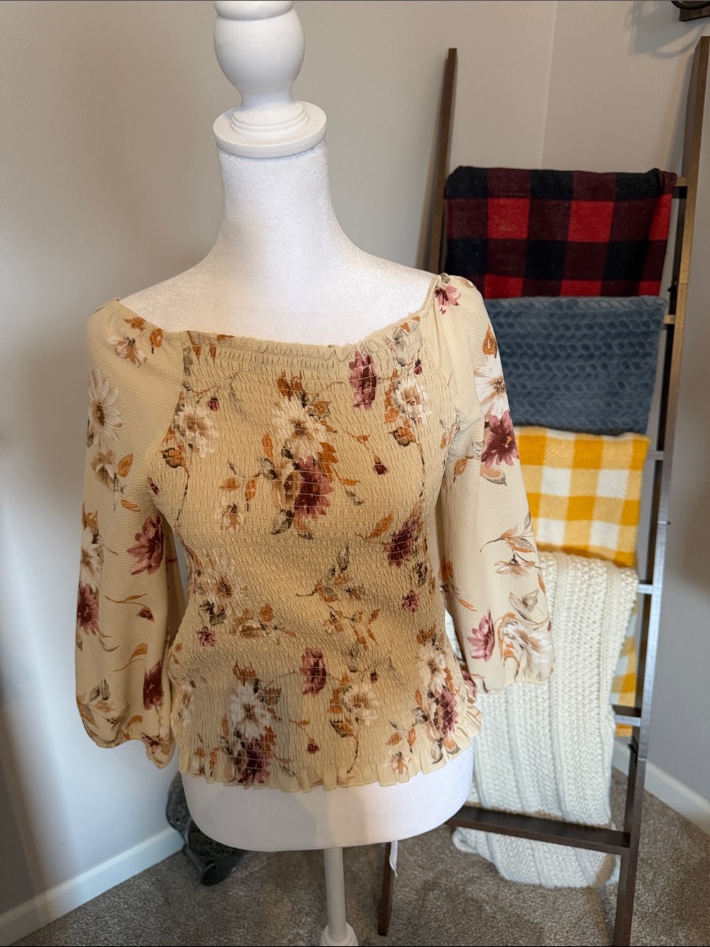 Everly Cream Floral Shirred Square-Neck Blouse